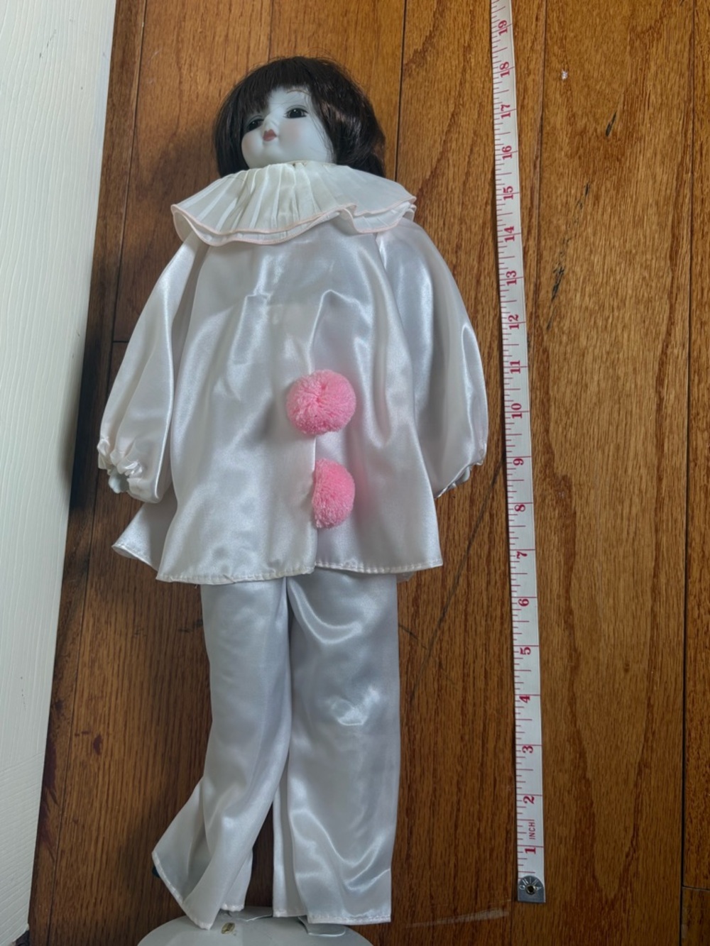 Porcelain Clown Doll in White Satin Outfit with Pink Pom-Poms - Picture 3 of 3